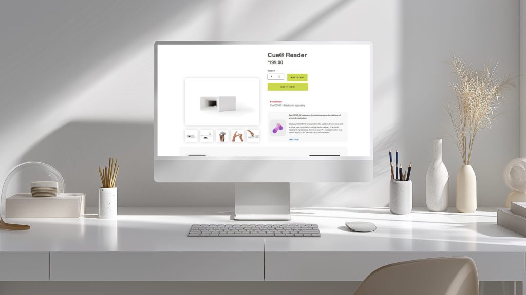 Custom ecommerce product page built by SLIDEFACTORY, displayed on a desktop monitor