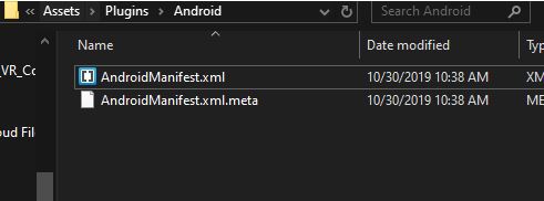 Unity project window showing Assets/Plugins/Android folder with AndroidManifest.xml file