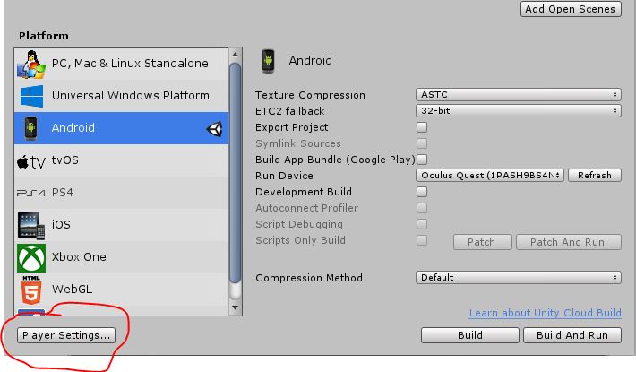 Unity Build Settings window with Android platform selected and Player Settings button highlighted