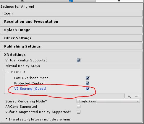 Unity Android XR Settings panel showing Oculus SDK with V2 Signing (Quest) option enabled