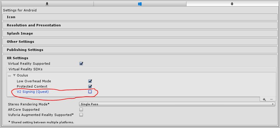 Unity Android XR Settings showing V2 Signing (Quest) checkbox unchecked under Oculus SDK