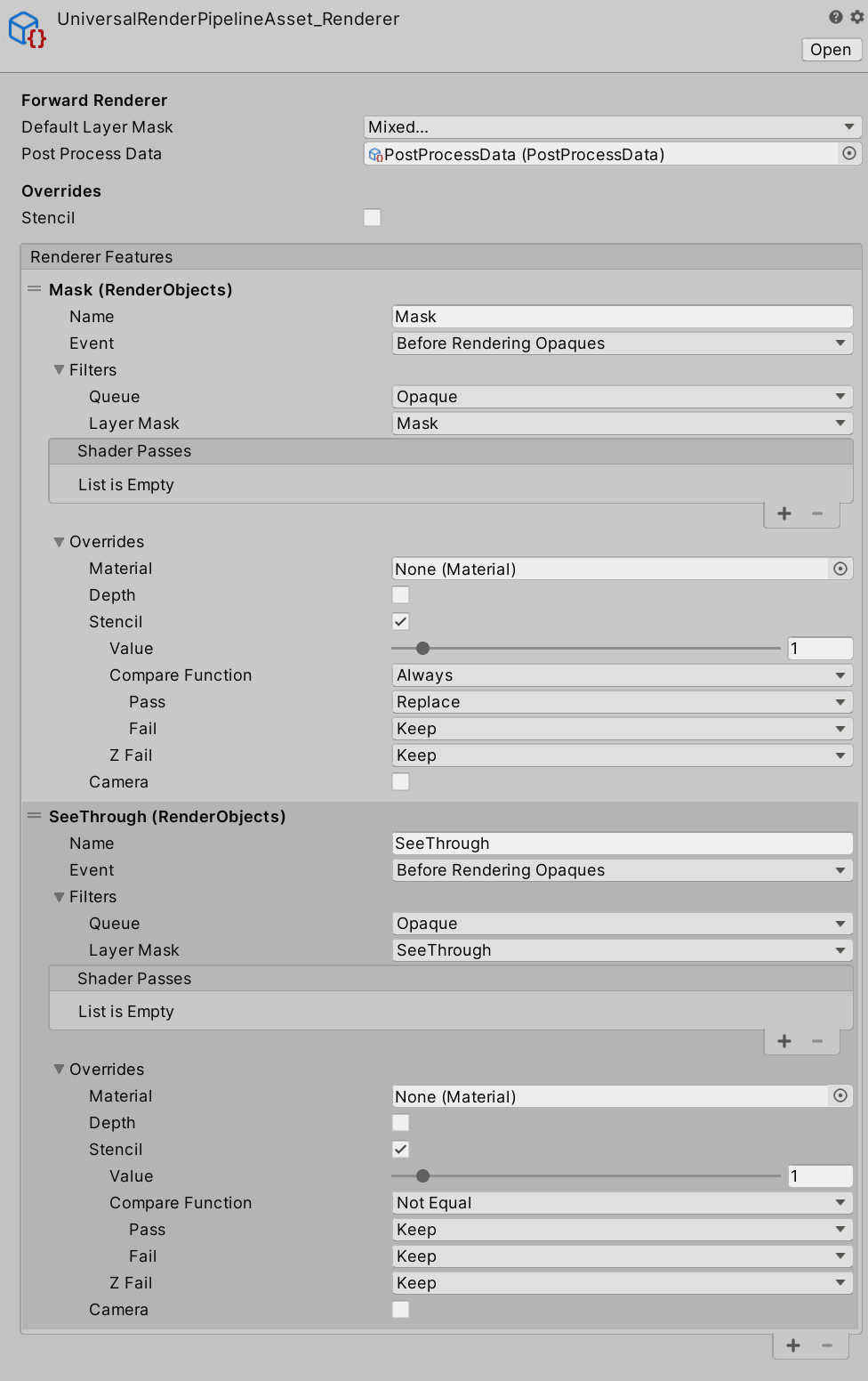 Unity Universal Render Pipeline Forward Renderer with two Render Objects features (Mask and SeeThrough) configured using stencil overrides