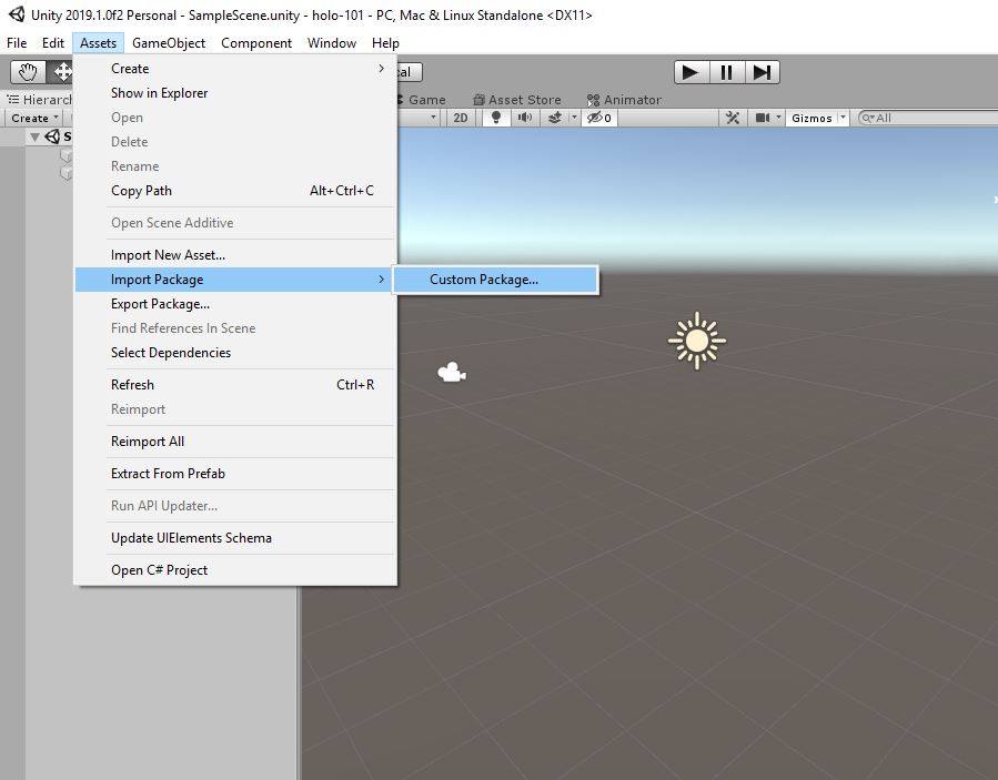 Unity Editor showing Assets menu with Import Package and Custom Package option selected