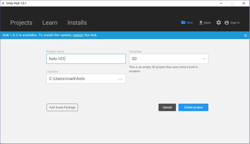 Unity Hub new project window with 3D template selected and project name entered