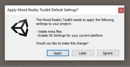 Unity dialog prompting to apply Mixed Reality Toolkit default settings for XR configuration