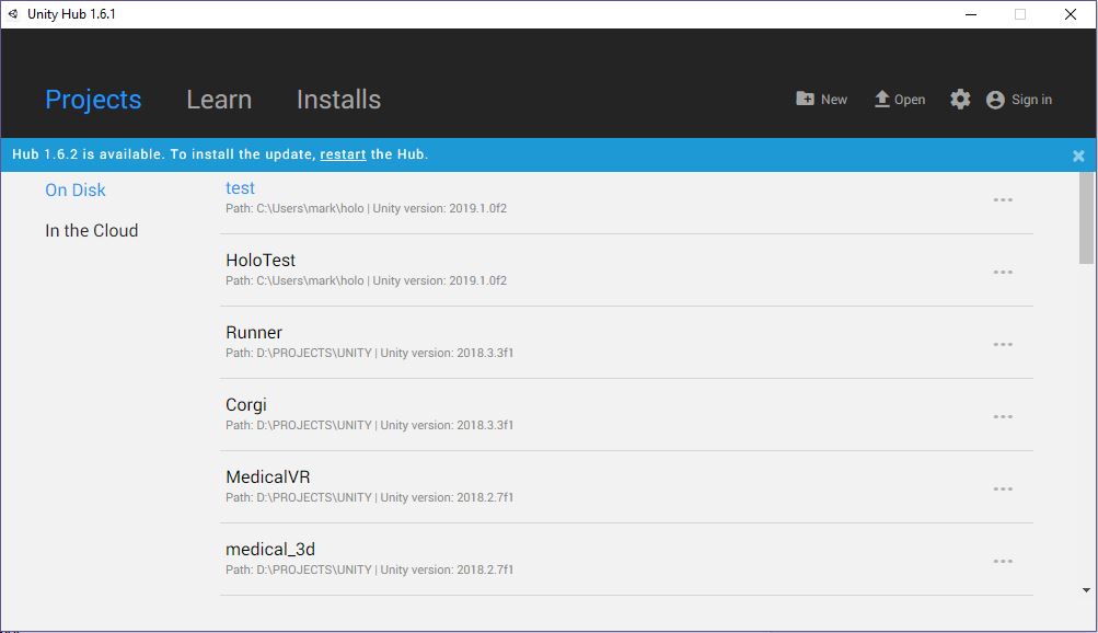Unity Hub Projects tab showing list of existing Unity projects before creating a new 3D project