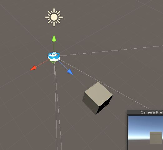 Unity scene with cube positioned in front of the MRTK camera and visible in Camera Preview