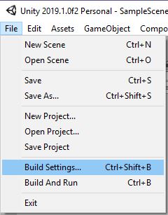 Unity Editor File menu open with Build Settings option highlighted