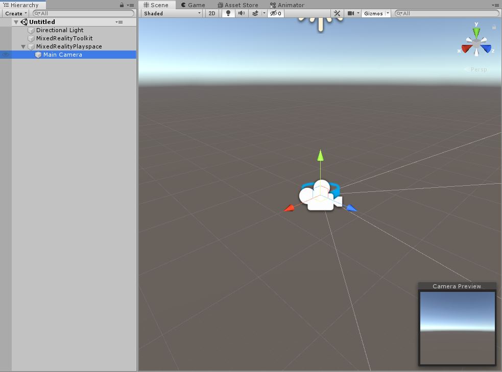 Once you confirm the prompt, MRTK will be added to your scene and you should be able to click on the “Main Camera” under the “MixedRealityPlayspace” to see how things are setup and what’s in view. This is where your head and eyes will be when viewing the MR scene. Make sure you don’t move it. It needs to start at its 0,0,0 axis in order for everything to work properly.