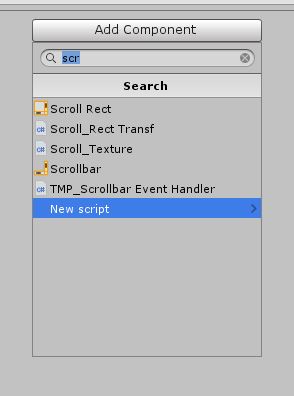 Unity Add Component panel with New Script option selected