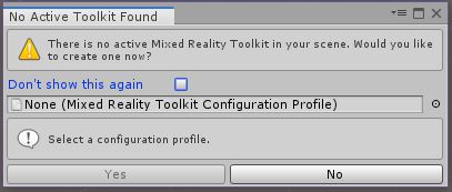 Unity warning dialog indicating no active Mixed Reality Toolkit found in the current scene