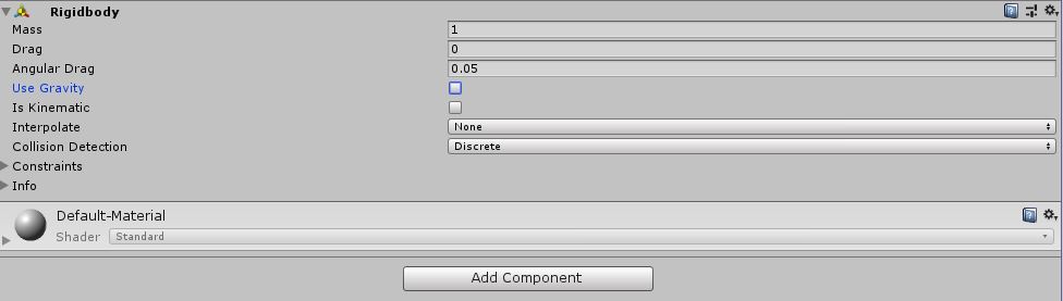 Unity Rigidbody component with Use Gravity disabled in the Inspector