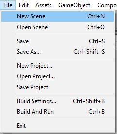 Unity Editor File menu open with New Scene option highlighted