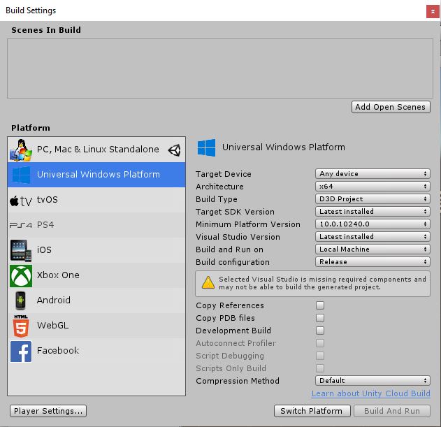 Unity Build Settings window with Universal Windows Platform selected and configuration options visible