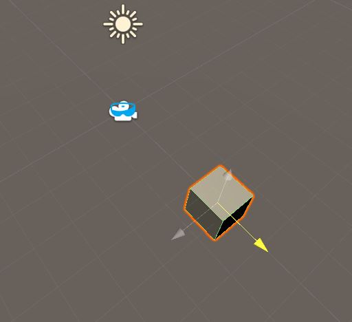 Unity scene with a 3D cube added and positioned in front of the MixedRealityPlayspace camera
