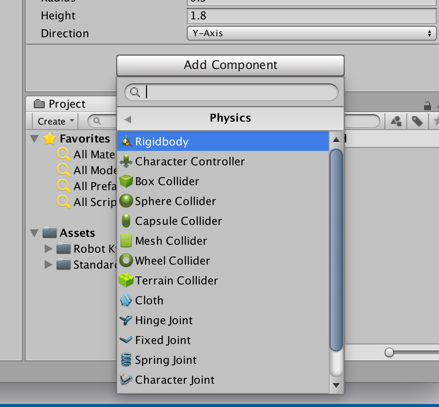Unity Add Component menu with Rigidbody selected under Physics