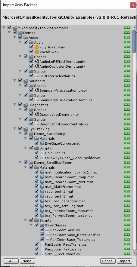 Unity Import Package window showing Microsoft Mixed Reality Toolkit Examples package contents before import