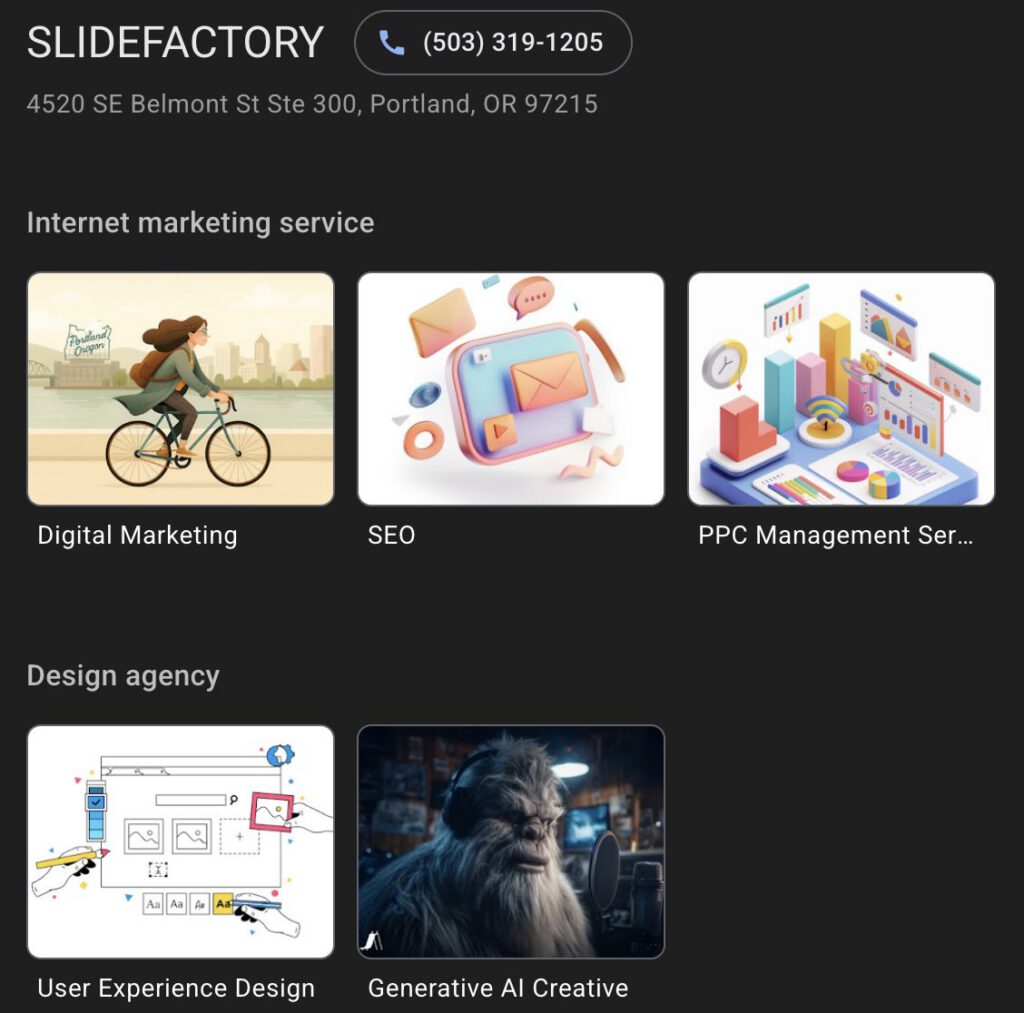 Google Business Profile services panel for SLIDEFACTORY showing primary categories and service cards — the strongest relevance signal in Google Maps SEO