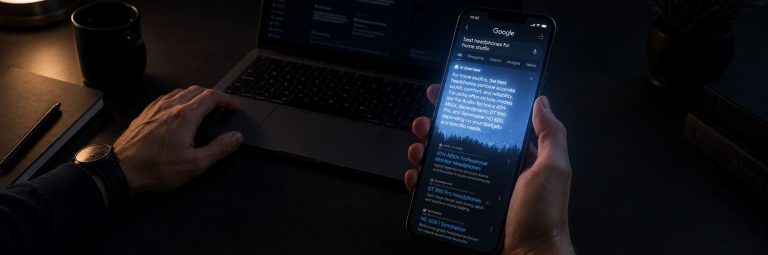 Person holding a phone showing a Google AI Overview answer above the organic search results