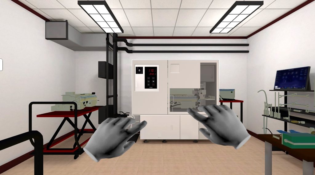 VR digital twin of a laboratory training room, with tracked hands reaching toward the equipment control panel