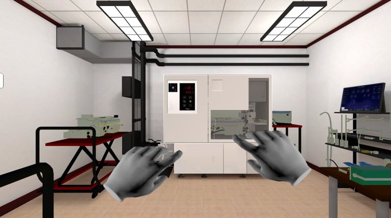 VR digital twin of a laboratory training room, with tracked hands reaching toward the equipment control panel
