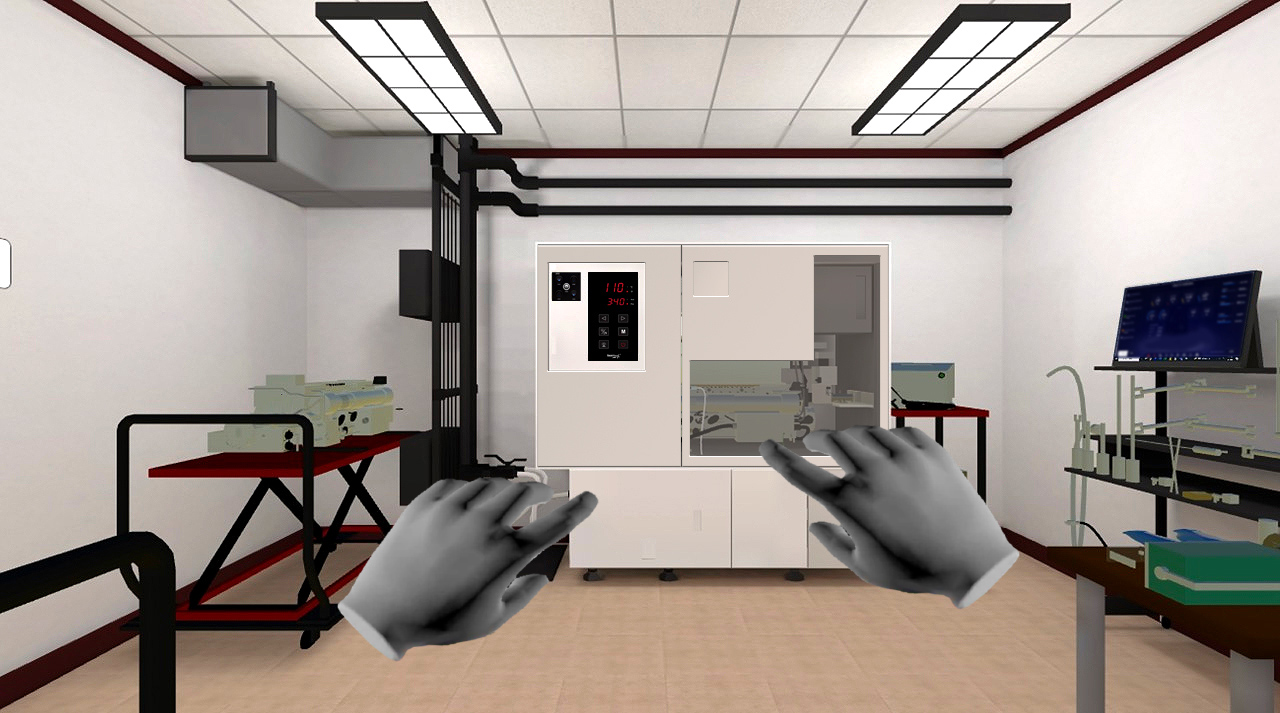 VR digital twin of a laboratory training room, with tracked hands reaching toward the equipment control panel