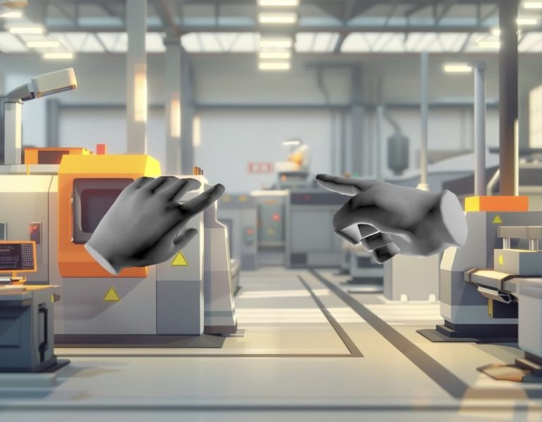 VR hands practising a maintenance procedure on a virtual factory floor