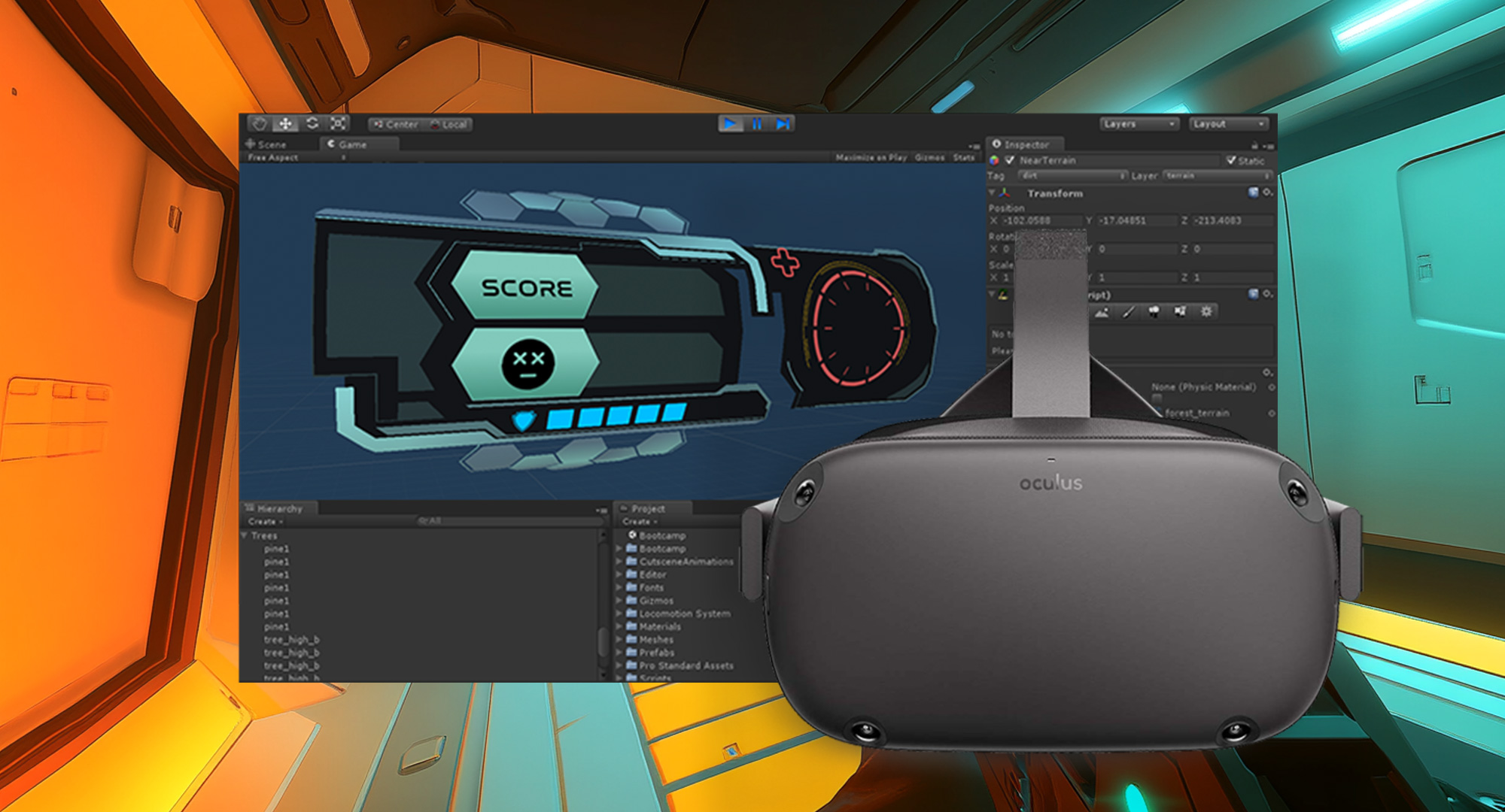Unity editor alongside a VR headset, used to configure and extend training modules