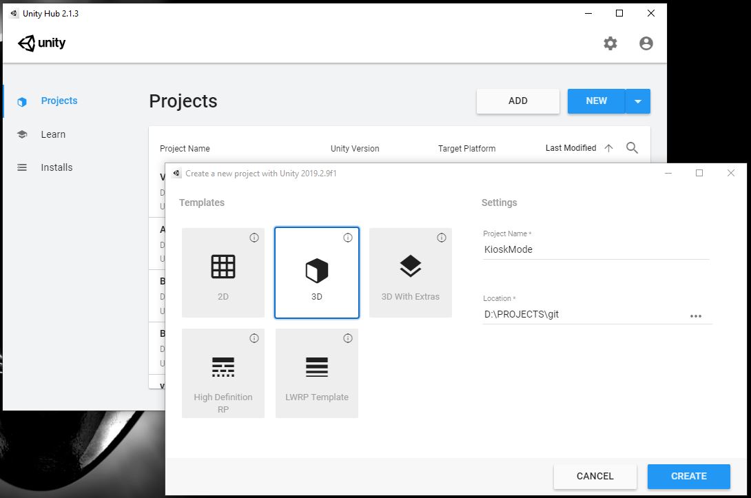 Unity Hub showing creation of a new 3D project for Oculus Quest kiosk mode setup