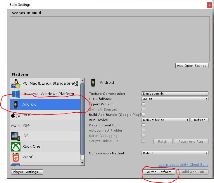 Unity Build Settings window with Android platform selected and Switch Platform highlighted