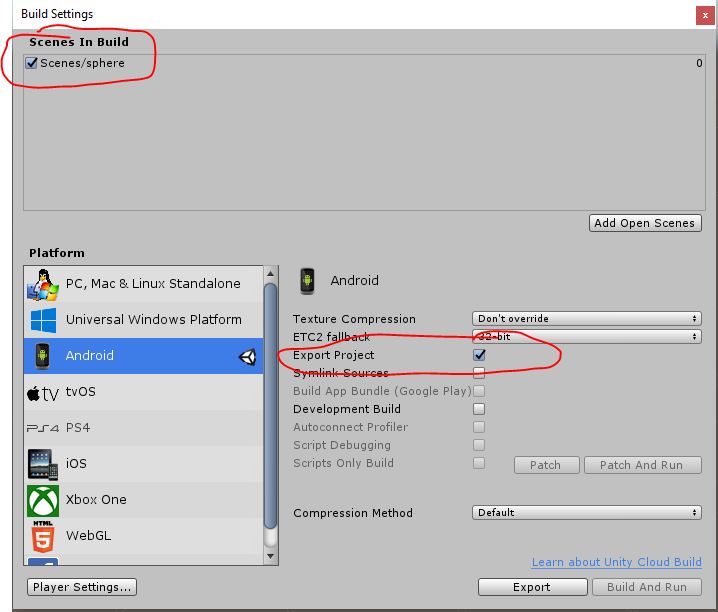 Unity Build Settings showing scene added to Scenes In Build with Android selected and Export Project enabled