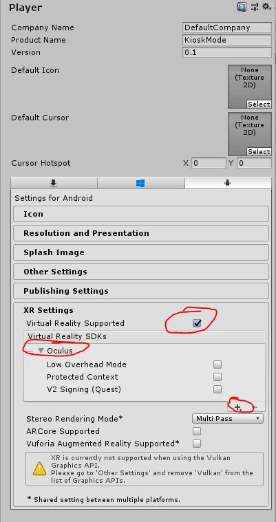 Unity Player Settings for Android with Virtual Reality Supported enabled and Oculus added under XR Settings