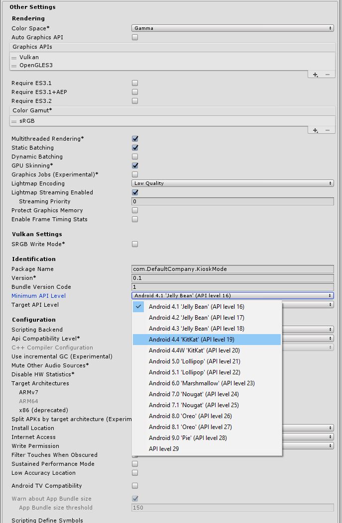 Unity Android Player Settings showing Minimum API Level set to 19 and Vulkan removed from Graphics APIs