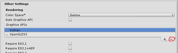 Unity Player Settings showing Vulkan selected in Graphics APIs with remove button highlighted