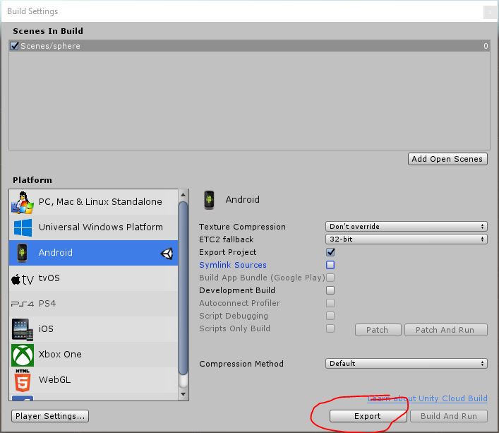 Unity Build Settings with Android selected and Export button highlighted