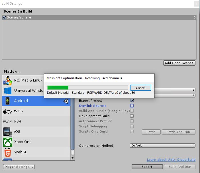Unity export process showing mesh data optimization progress during Android project build