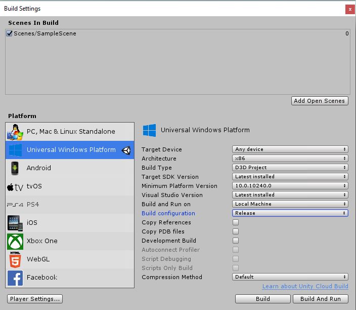 Unity Build Settings with Universal Windows Platform selected and scene added to build