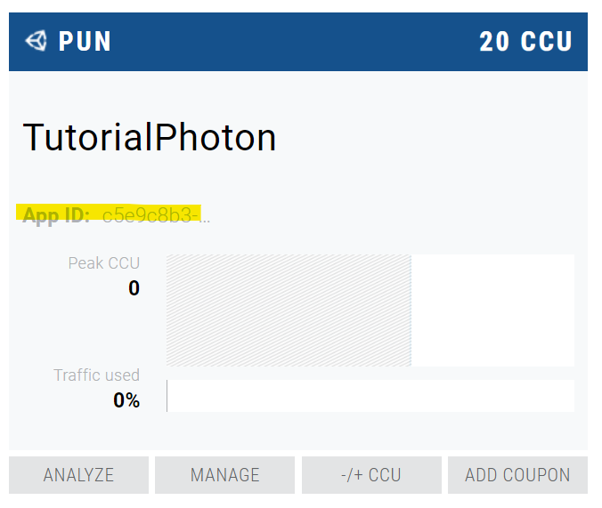 Photon PUN dashboard displaying App ID and CCU limit after creating a new app