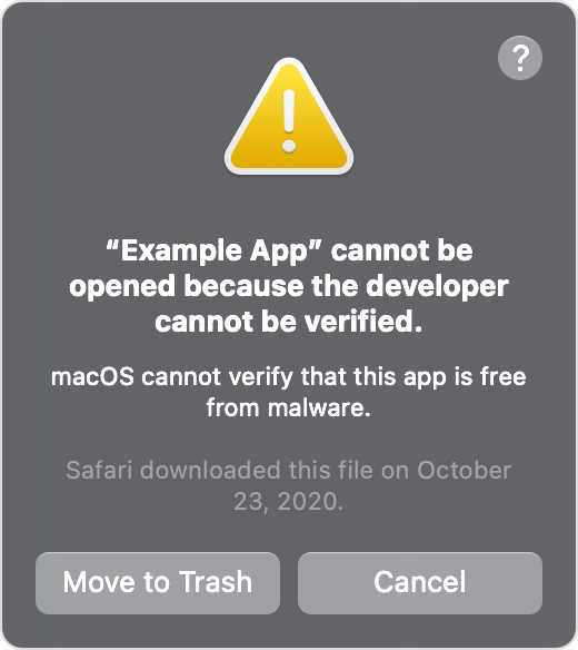 macOS security warning dialog stating that the app cannot be opened because the developer cannot be verified