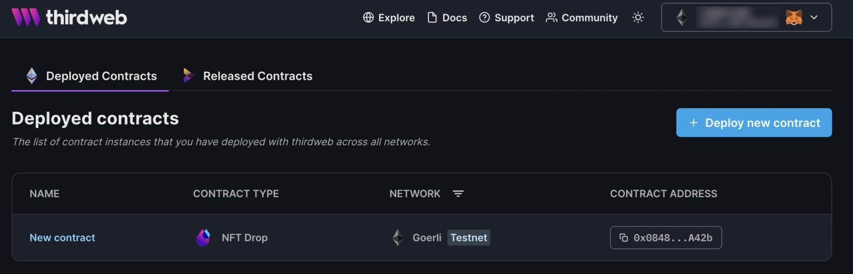 Thirdweb dashboard showing deployed NFT Drop smart contract on Goerli testnet with contract address