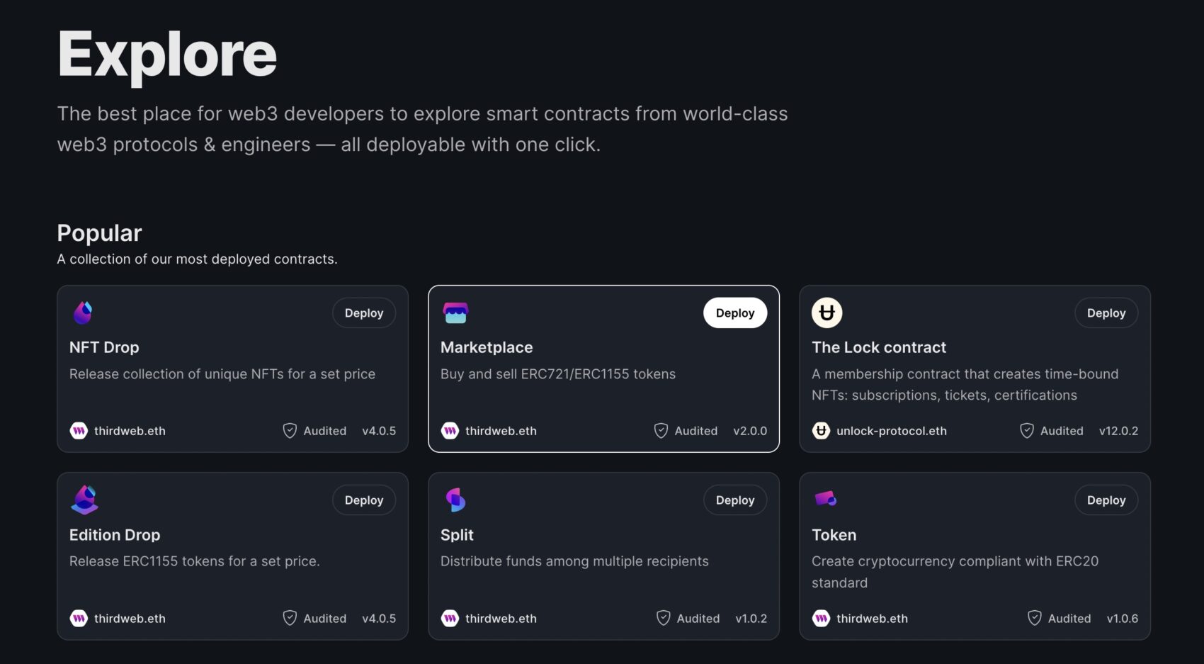 Thirdweb dashboard showing contract templates including NFT Drop, Marketplace, Token, and Split options for deployment.
