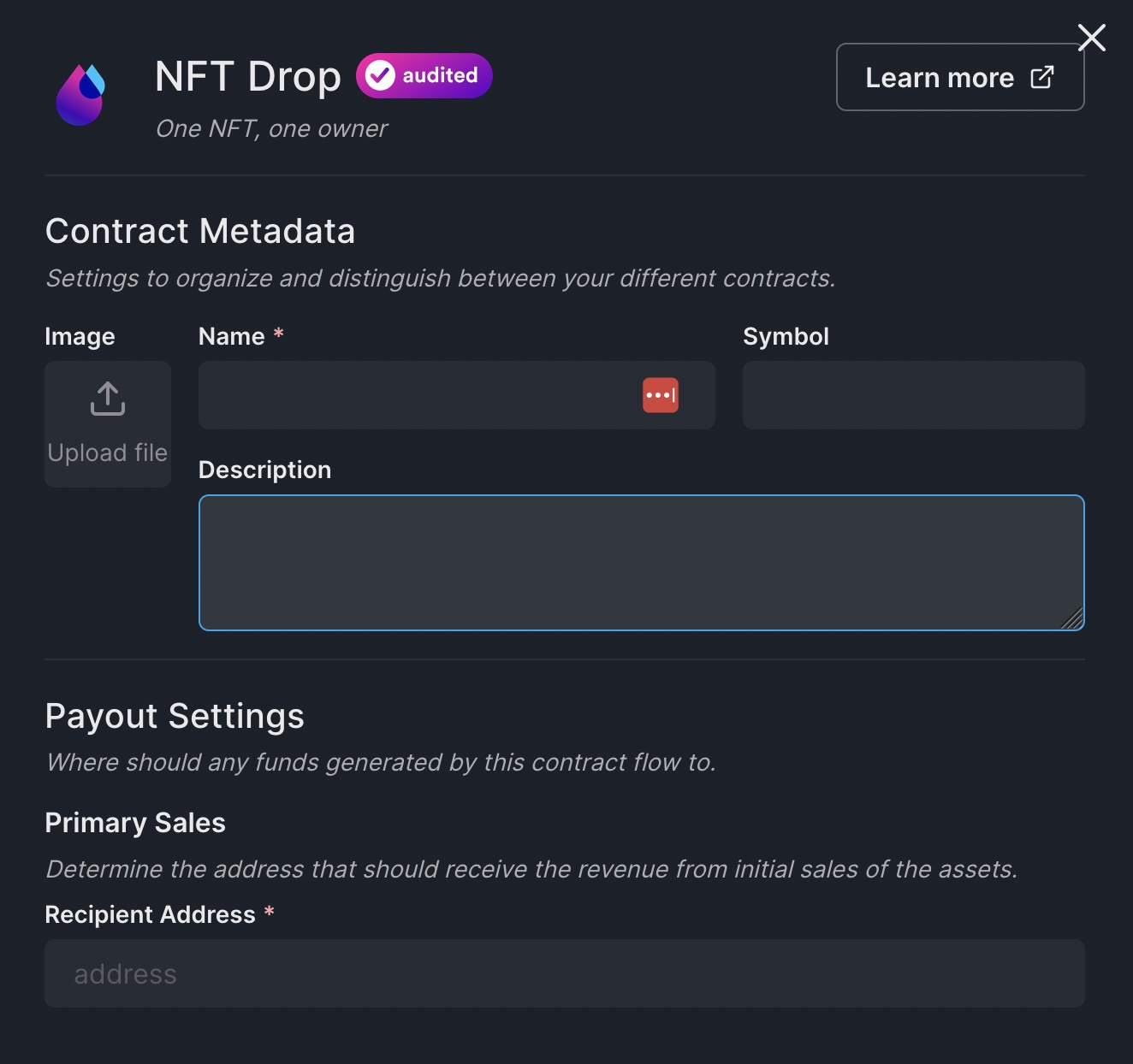 Thirdweb NFT Drop contract setup screen showing metadata fields and payout settings before deployment.