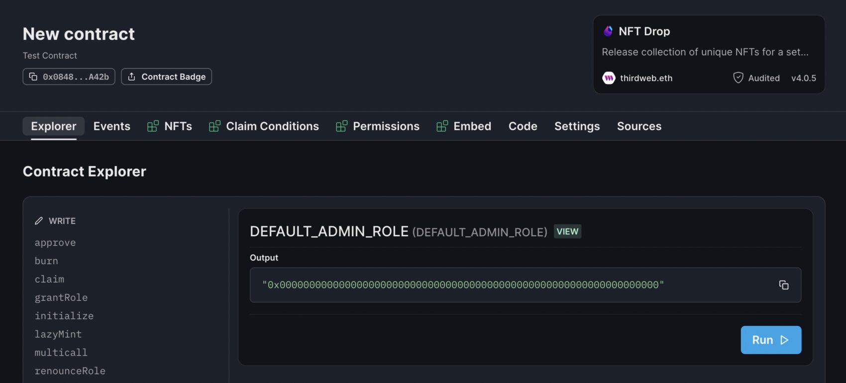 Thirdweb contract dashboard showing the Explorer tab with available smart contract functions and roles.