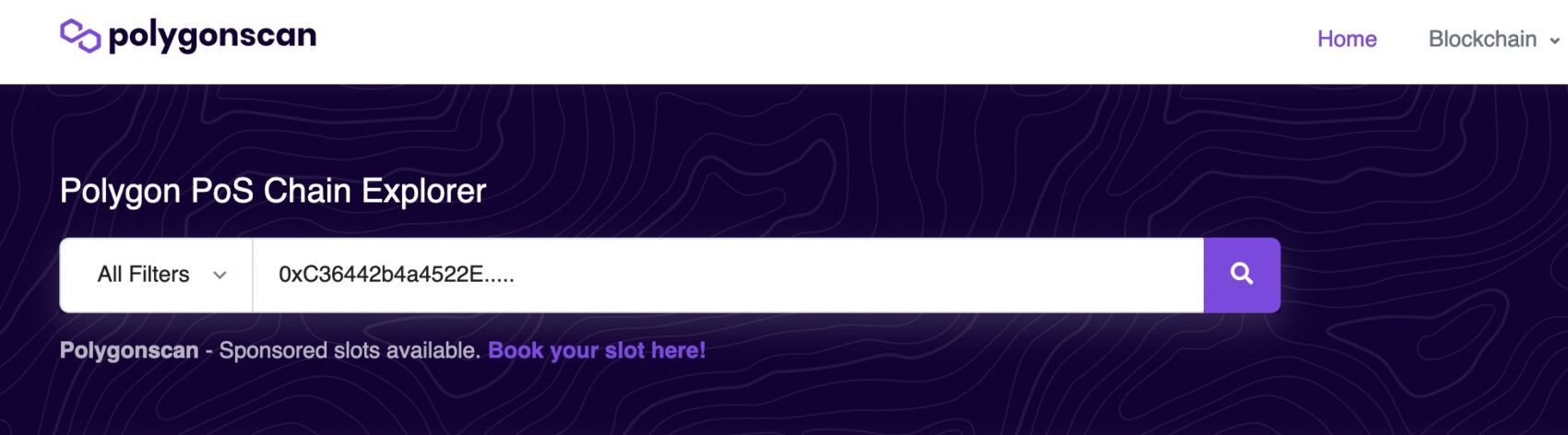 PolygonScan homepage showing the search bar used to look up a contract address on the Polygon network.