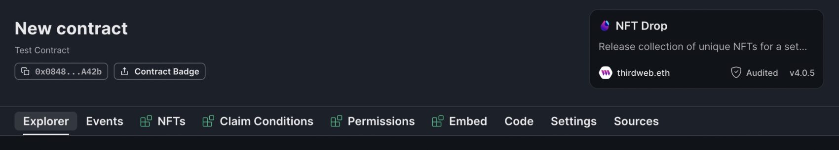 Thirdweb contract dashboard showing the contract address displayed beneath the contract name.