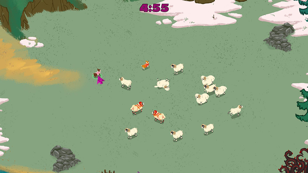 Top-down gameplay screenshot showing a fairy riding a sweater-wearing dog surrounded by sheep in Into the Woolderness.