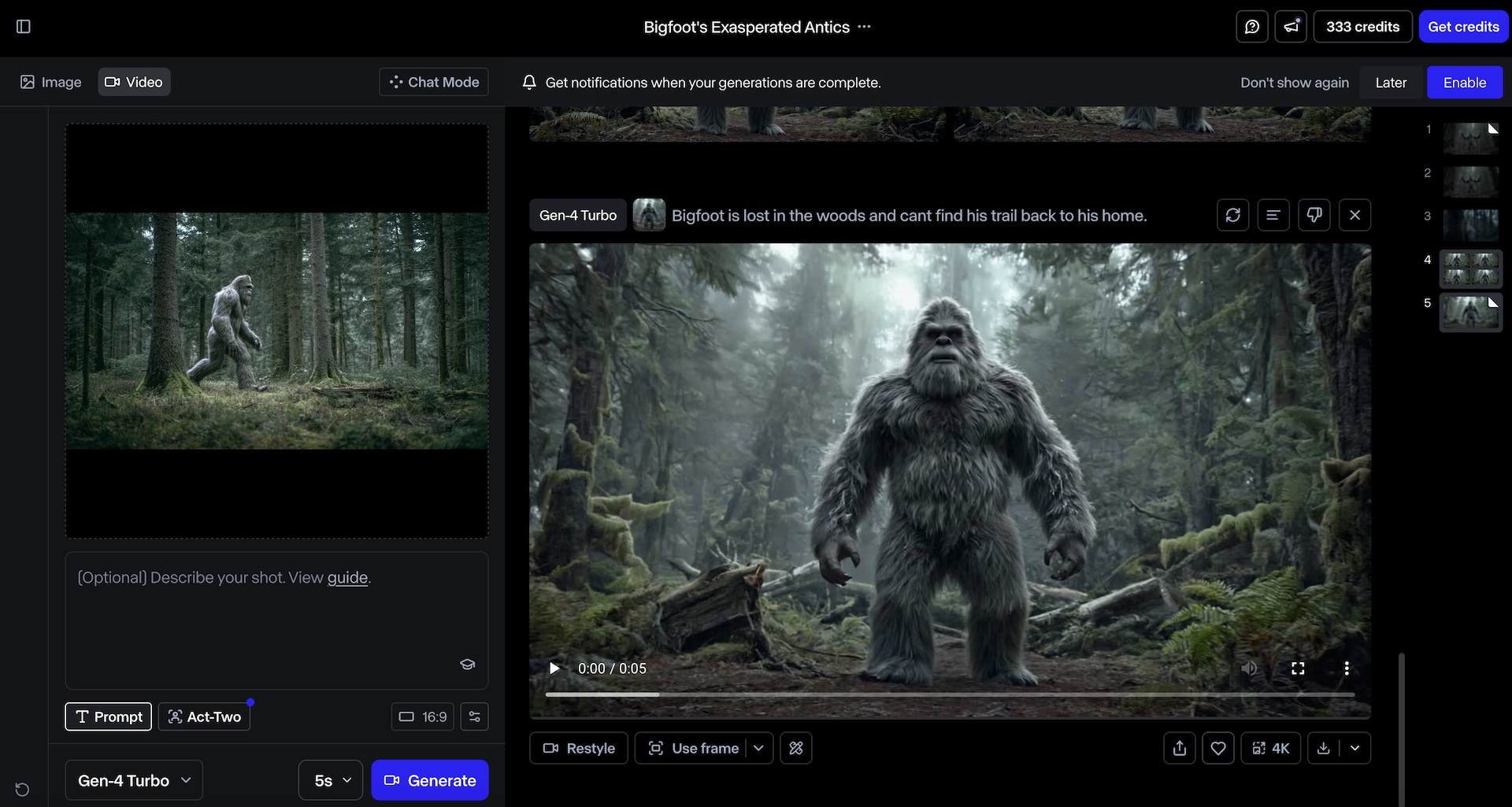 Runway Gen-4 interface generating an animated Bigfoot forest scene from a static AI image.