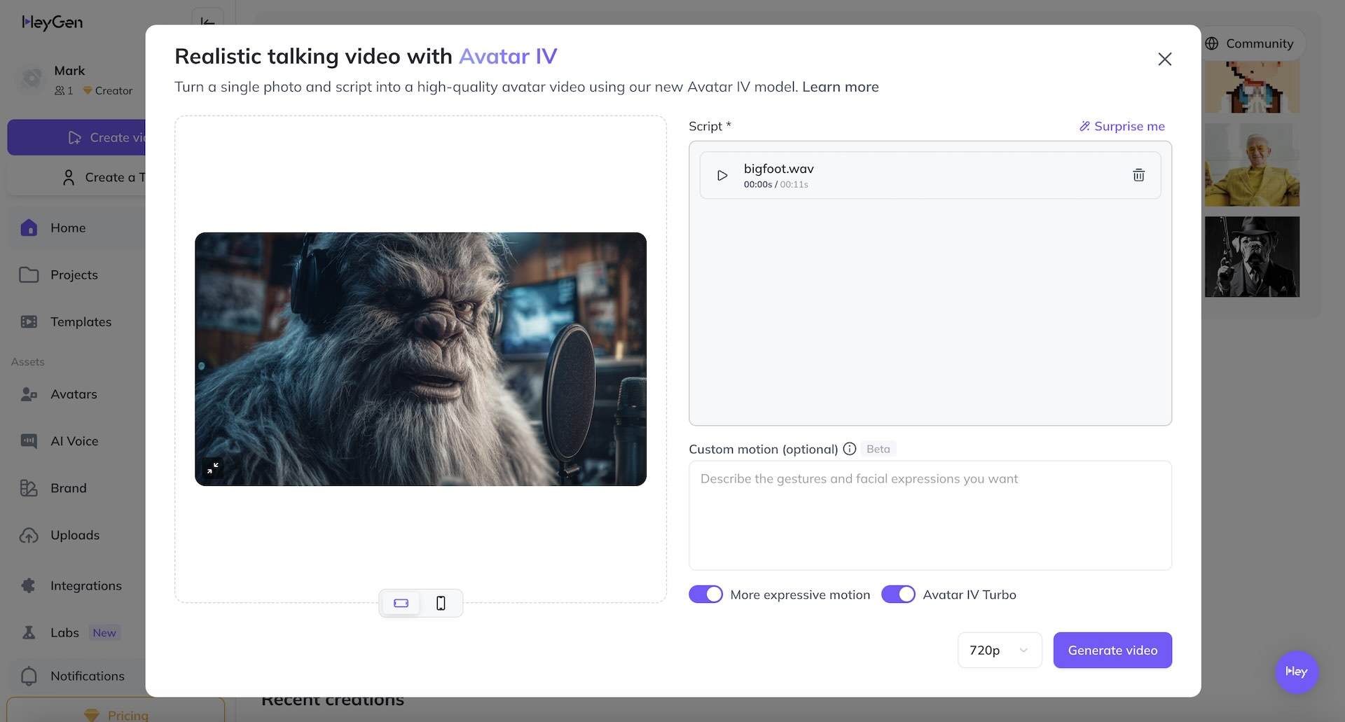HeyGen Avatar IV interface generating a talking Bigfoot video from an uploaded voiceover file.