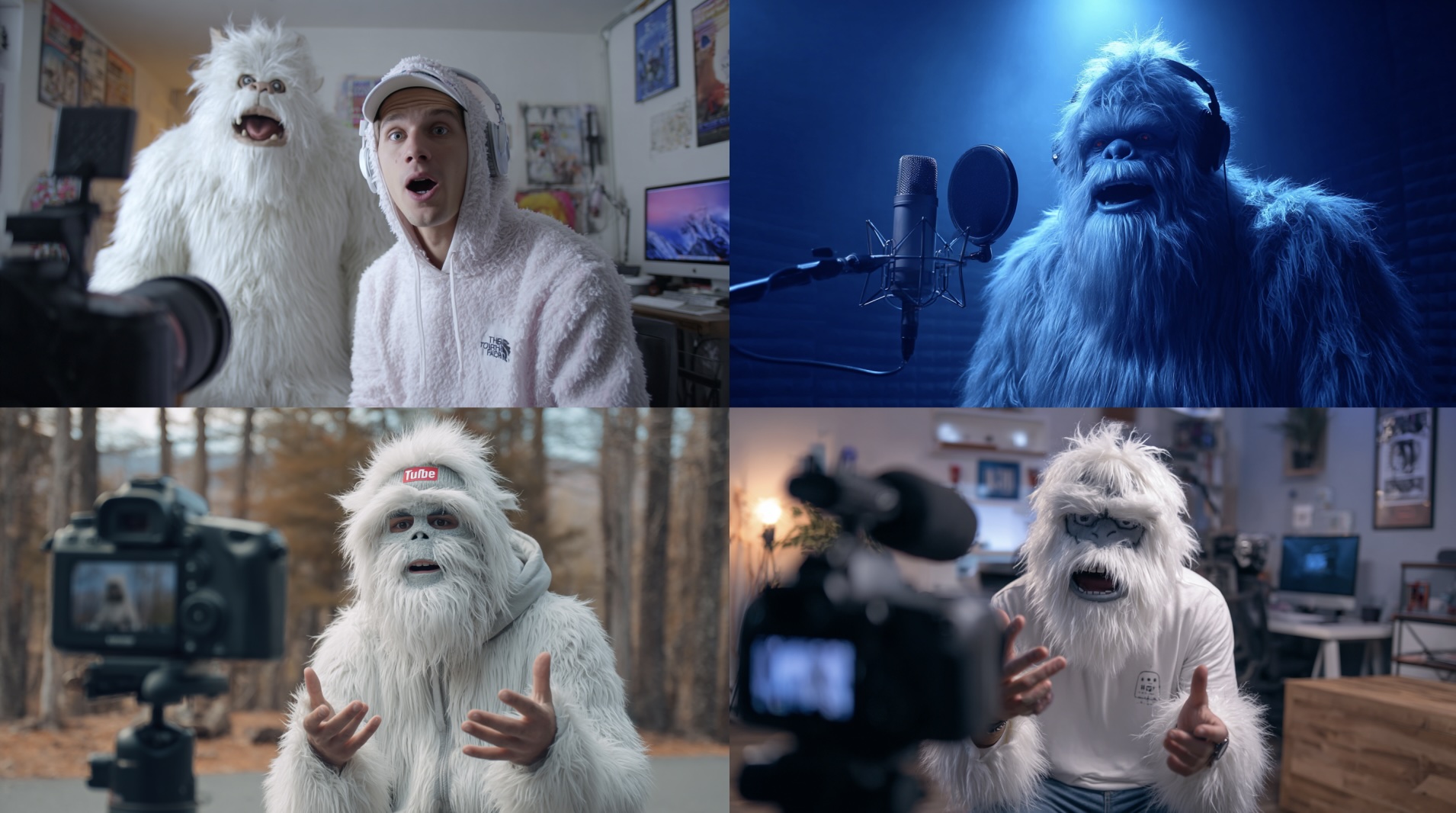 AI-generated scenes of Bigfoot being filmed and recorded for a commercial production experiment.