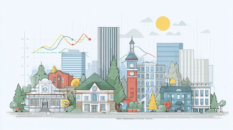 Illustrated Portland cityscape with data charts overlaid, representing Portland-specific SEO design strategies and local market performance